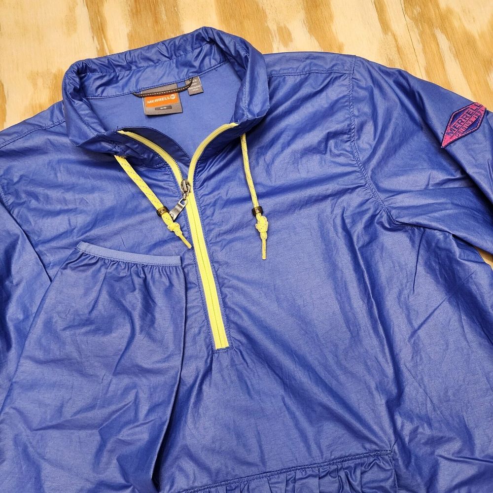 Merrell Womens M Rain Jacket Blue‎ Lightweight Button Zip Pockets Cinch Waist